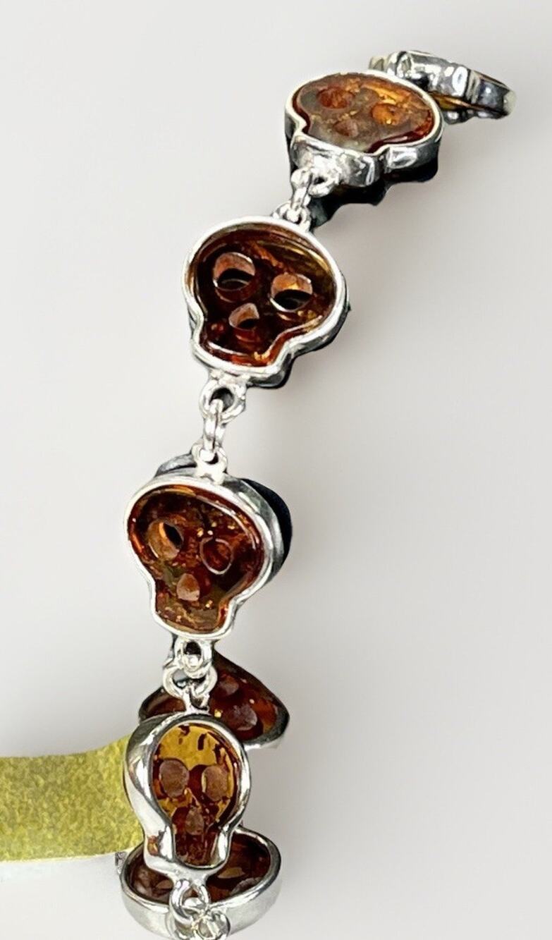 Baltic Amber Sterling Silver Skull Link Bracelet Halloween Sugar Skull 8” NEW